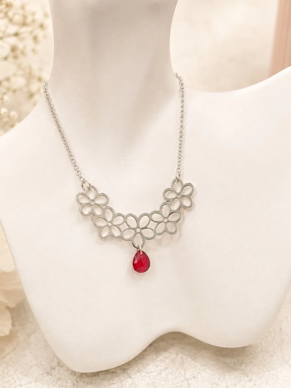 Silver Floral Necklace with Red Teardrop Pendant steel 316L